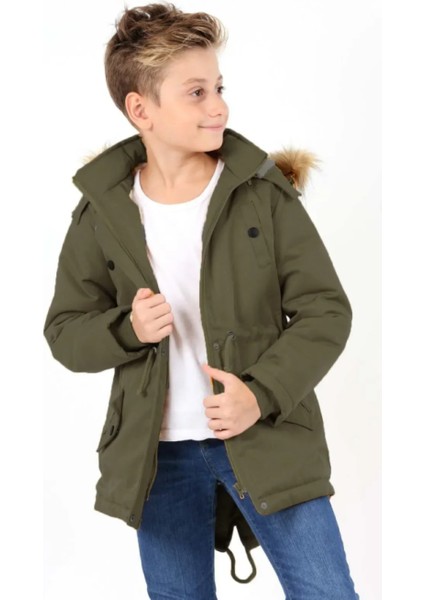 Erkek Çocuk Su Geçirmez Çıkarılabilir Kapüşonlu Pelüş Kürk Astarlı Uzun Mont Kaban fırsatları