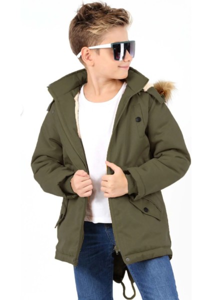 Erkek Çocuk Su Geçirmez Çıkarılabilir Kapüşonlu Pelüş Kürk Astarlı Uzun Mont Kaban