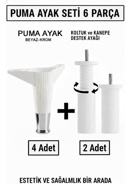 Puma 15 cm Beyaz-Krom 6'lı Set Mobilya Kanepe Tv Ünitesi Dolap Konsol ve Destek Ayağı