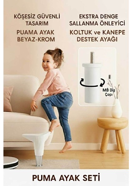 Puma 15 cm Beyaz-Krom 6'lı Set Mobilya Kanepe Tv Ünitesi Dolap Konsol ve Destek Ayağı fiyatları
