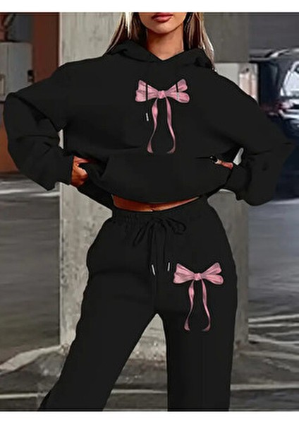 Nebulaa Şık Kadınlar Için Kapüşonlu Eşofman Takımı Pembe Renkli Şerit Detayı