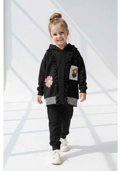 Gül Detaylı 3 Lü Kız Çocuk takım - Siyah