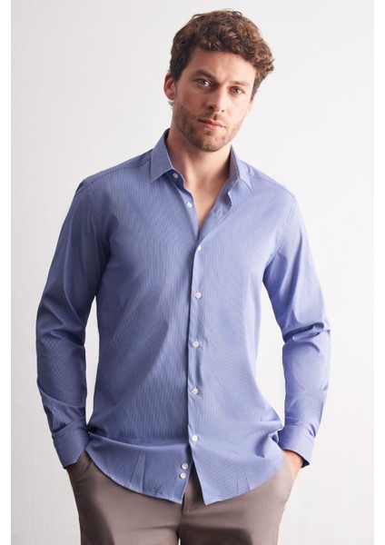Indigo Mavi - Beyaz Sert Yaka Çizgili Desen Uzun Kol Slim Fit Esnek Gömlek 1004255176
