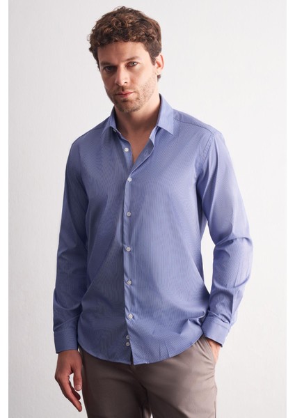 Indigo Mavi - Beyaz Sert Yaka Çizgili Desen Uzun Kol Slim Fit Esnek Gömlek 1004255176 fiyatları