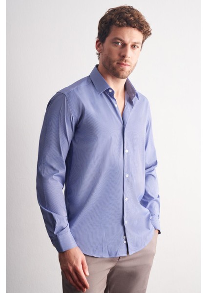 Indigo Mavi - Beyaz Sert Yaka Çizgili Desen Uzun Kol Slim Fit Esnek Gömlek 1004255176 modelleri