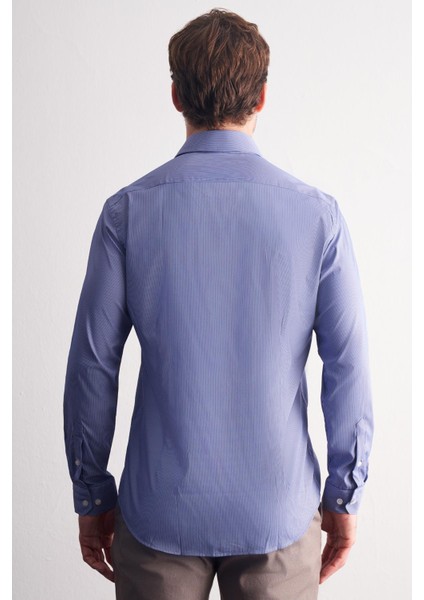 Indigo Mavi - Beyaz Sert Yaka Çizgili Desen Uzun Kol Slim Fit Esnek Gömlek 1004255176 fırsatları