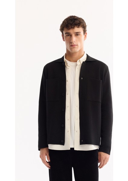 Erkek Siyah Polo Yaka Düğmeli Yün Karışımlı Regular Fit Hırka A52Y5148