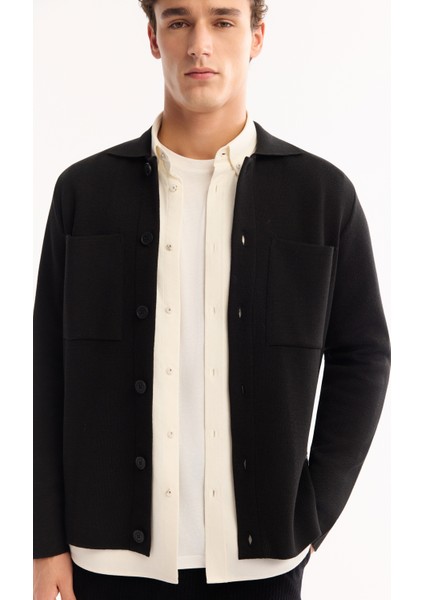 Erkek Siyah Polo Yaka Düğmeli Yün Karışımlı Regular Fit Hırka A52Y5148