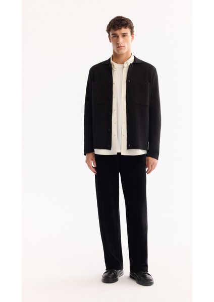 Erkek Siyah Polo Yaka Düğmeli Yün Karışımlı Regular Fit Hırka A52Y5148