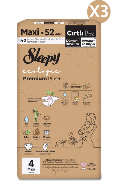 Ecologic Premium Plus Avantajlı Paket Bebek Bezi 4 Numara Maxi 156 Adet