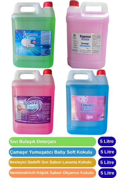 Temizlik Seti 4 Parça-Bulaşık Deterjanı 5 Lt-Yumuşatıcı 5 Lt-Sıvı Sabun 5 Lt-Köpük Sabun 5 Lt