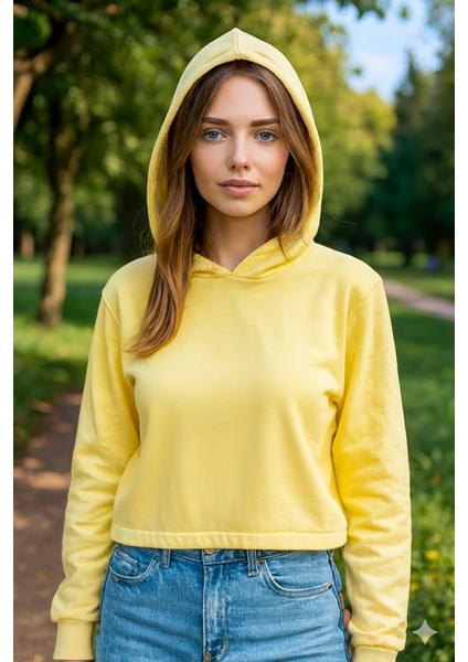 Kapşonlu Kadın Crop Sweatshirt Sarı