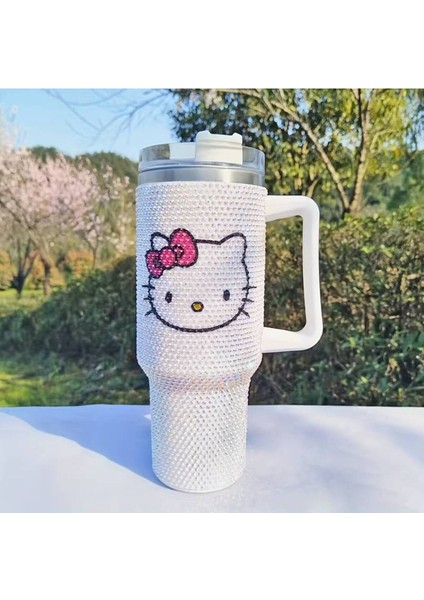 Paslanmaz Çelik Hello Kitty Figürlü Termos Özellikli Taş Süslemeli Matara 900ML AD856212
