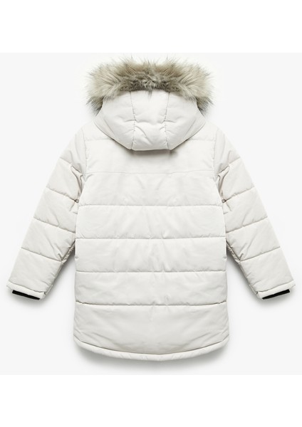 Peluş Detaylı Uzun Kollu Fermuarlı Cepli Uzun Kapşonlu Şişme Mont fiyatları