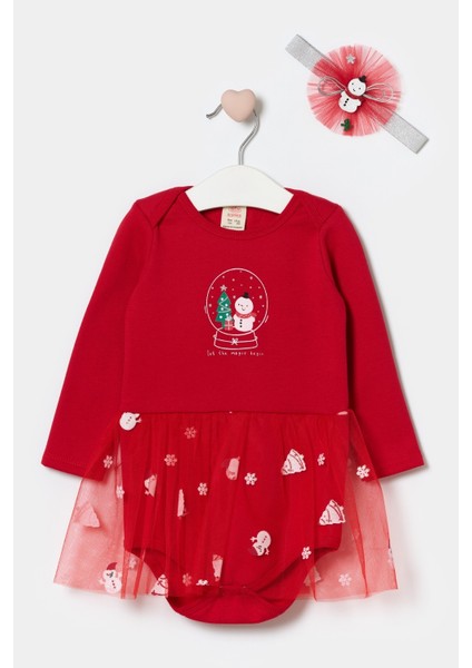 Kırmızı Kardan Adam Baskılı Saç Bantlı Kız Bebek Romper - Misty