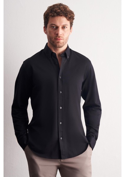 Siyah Düğmeli Yaka Kendinden Desenli Örme Uzun Kol Performans Ürün Slim Fit %100 Pamuk Gömlek 1004255272 fiyatları