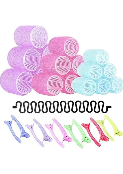 Aputue Saç Bigudi Seti, 31 Parça Kendinden Tutmalı Saç Maşası Seti, 3 Farklı Boyutta 18 Adet Bigudi ve 12 Adet Ördek Gagalı Klips ile 1 Saç Örgü Aparatı, Dıy Kıvırcık Saç Stilleri Için modelleri