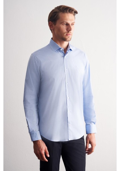 Mavi Yarım Italyan Yaka Uzun Kol Slim Fit Pamuklu Gömlek 1004255189