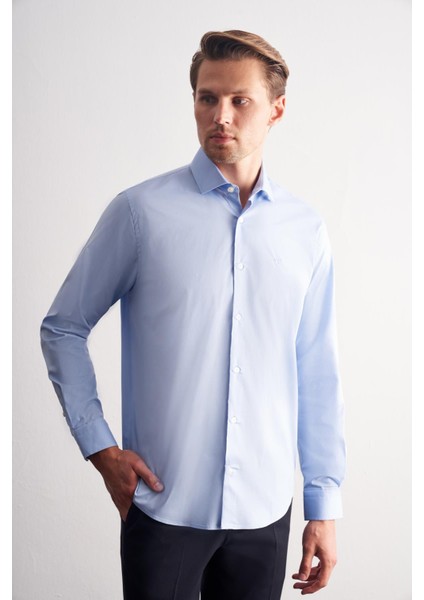 Mavi Yarım Italyan Yaka Uzun Kol Slim Fit Pamuklu Gömlek 1004255189 modelleri