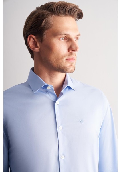 Mavi Yarım Italyan Yaka Uzun Kol Slim Fit Pamuklu Gömlek 1004255189 fırsatları