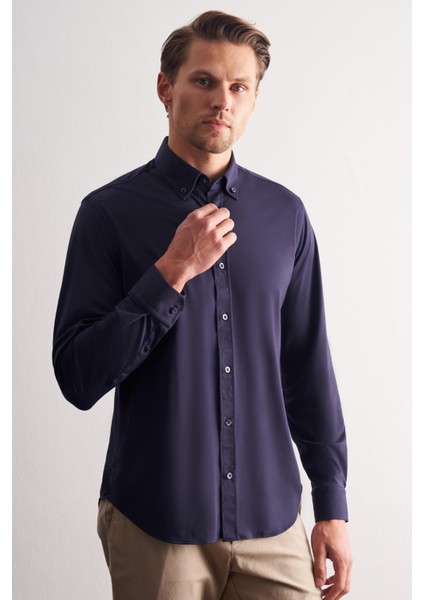 Lacivert Düğmeli Yaka Örme Uzun Kol Performans Ürün Slim Fit Esnek Gömlek 1004255270