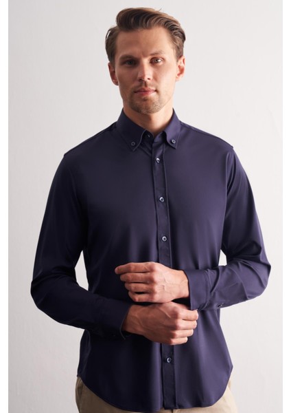 Lacivert Düğmeli Yaka Örme Uzun Kol Performans Ürün Slim Fit Esnek Gömlek 1004255270 fiyatları