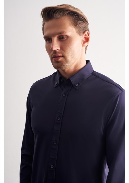 Lacivert Düğmeli Yaka Örme Uzun Kol Performans Ürün Slim Fit Esnek Gömlek 1004255270 modelleri
