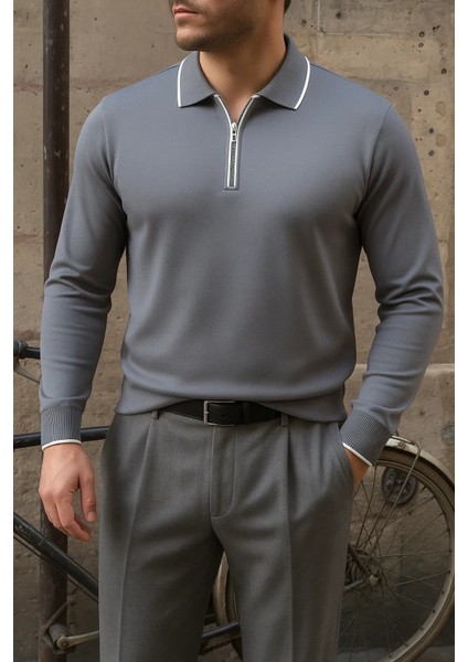 Erkek Günlük Çizgili Trend Füme Polo Yaka Kazak