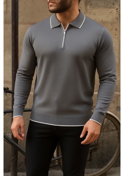 Erkek Günlük Çizgili Trend Füme Polo Yaka Kazak fiyatları