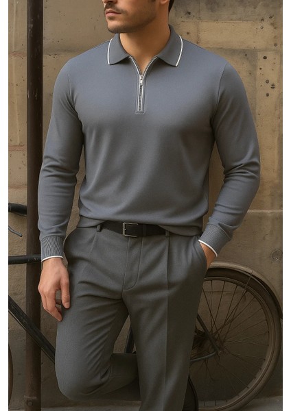 Erkek Günlük Çizgili Trend Füme Polo Yaka Kazak modelleri