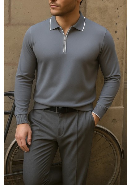 Erkek Günlük Çizgili Trend Füme Polo Yaka Kazak fırsatları