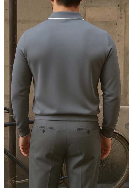 Erkek Günlük Çizgili Trend Füme Polo Yaka Kazak indirimleri