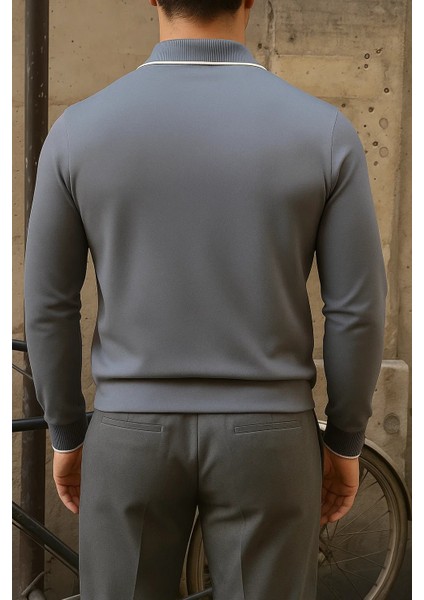 Erkek Günlük Çizgili Trend Füme Polo Yaka Kazak