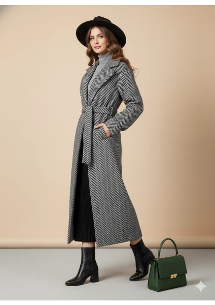 Balıksırtı/chevron Desenli Yün Palto Kuşak Bağlama Detaylı Uzun Kaban Gri Kışlık