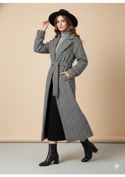 Balıksırtı/chevron Desenli Yün Palto Kuşak Bağlama Detaylı Uzun Kaban Gri Kışlık fiyatları