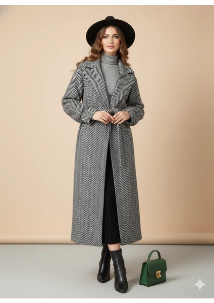 Balıksırtı/chevron Desenli Yün Palto Kuşak Bağlama Detaylı Uzun Kaban Gri Kışlık modelleri