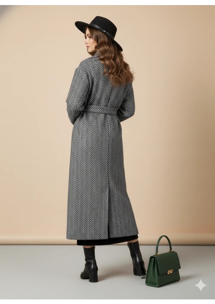 Balıksırtı/chevron Desenli Yün Palto Kuşak Bağlama Detaylı Uzun Kaban Gri Kışlık fırsatları