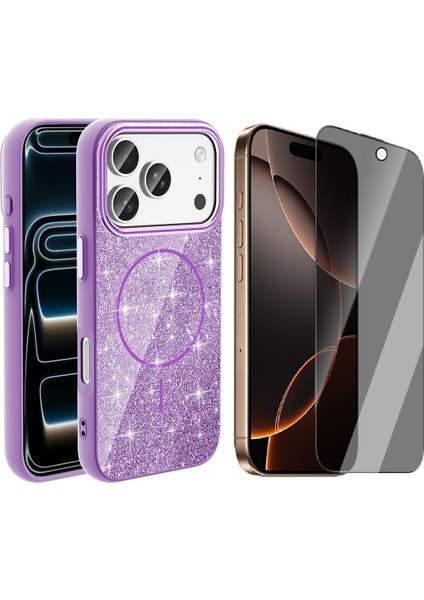 iPhone 17 Pro Kılıf M-Safe Şarj Özellikli Parlayan Simli Zore Okso Kapak + Hayalet Ekran Koruyucu