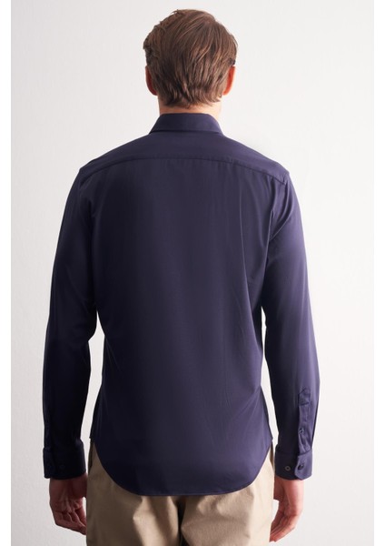 Lacivert Düğmeli Yaka Örme Uzun Kol Performans Ürün Slim Fit Esnek Gömlek 1004255270 fırsatları