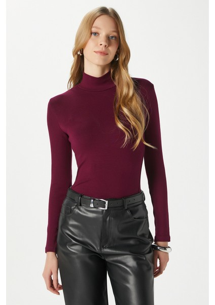 Kadın Feel Lux Touch Dik Yaka Mürdüm Uzun Kol Soft Bluz