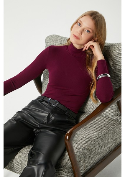 Kadın Feel Lux Touch Dik Yaka Mürdüm Uzun Kol Soft Bluz fiyatları