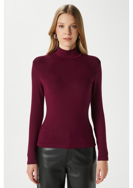 Kadın Feel Lux Touch Dik Yaka Mürdüm Uzun Kol Soft Bluz modelleri