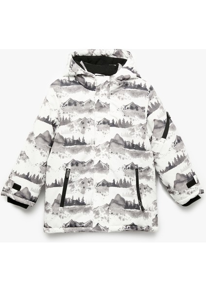 Polar Astarlı Desenli Uzun Kollu Kapşonlu Mont