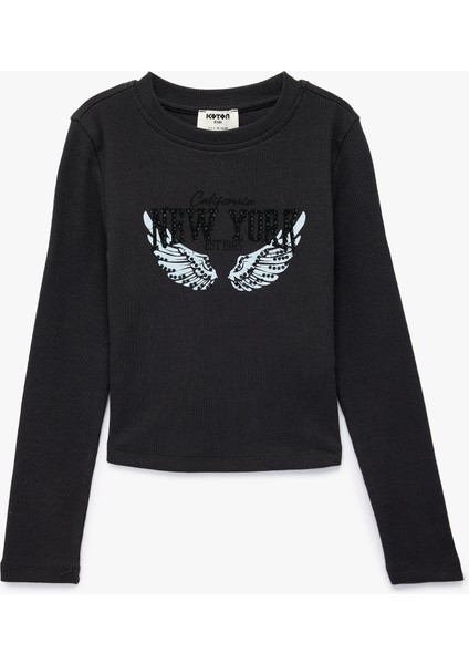 Uzun Kollu Taş Detaylı Bisiklet Yaka Baskılı Tişört