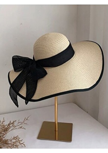 Kardelen Butik Kadınlar İçin Lüx Hasır Plaj Şapka Şık Tasarım 56-58 cm Siyah Detaylı