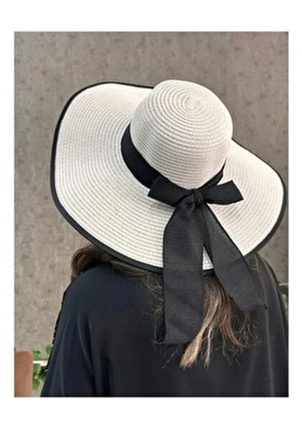 Kardelen Butik Kadınlar İçin Lüx Hasır Plaj Şapka Şık Tasarım 56-58 cm Siyah Detaylı