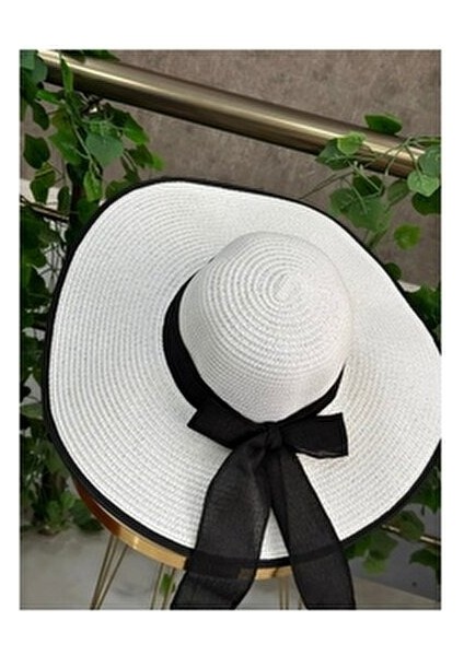 Kardelen Butik Kadınlar İçin Lüx Hasır Plaj Şapka Şık Tasarım 56-58 cm Siyah Detaylı