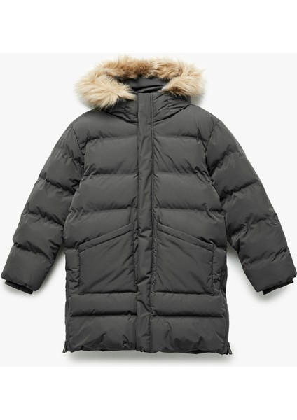 Peluş Detaylı Uzun Kollu Fermuarlı Cepli Uzun Kapşonlu Şişme Mont