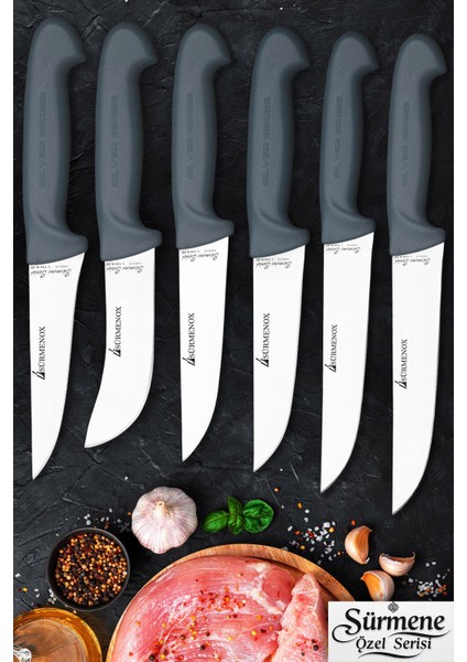 Sürmene Gri Serisi Mutfak Bıçak Seti Yüzme Sıyırma Kasap Et Ekmek Sebze Bıçağı 6 Lı Set HDS-107