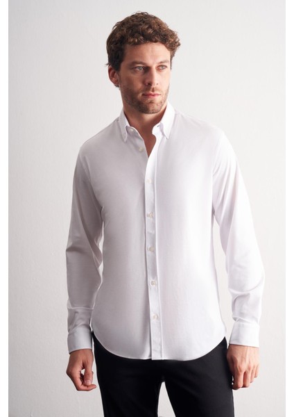 Beyaz Düğmeli Yaka Örme Uzun Kol Performans Ürün Slim Fit Esnek Gömlek 1004255270